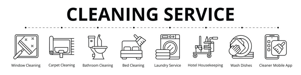 Fototapeta premium Cleaning Service Line Banner Web Icon Set Vector Illustration, Window Cleaning Carpet Bathroom Bed Laundry Service Hotel Housekeeping Wash Dishes Cleaner Mobile App