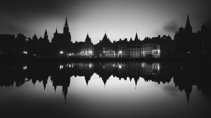 Cityscape reflection at dawn, tranquil waterfront