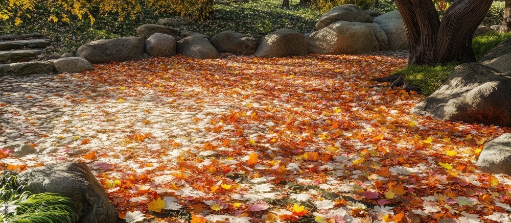 Poster vibrant autumn leaves in shades of orange and yellow create a colorful blanket covering the ground i