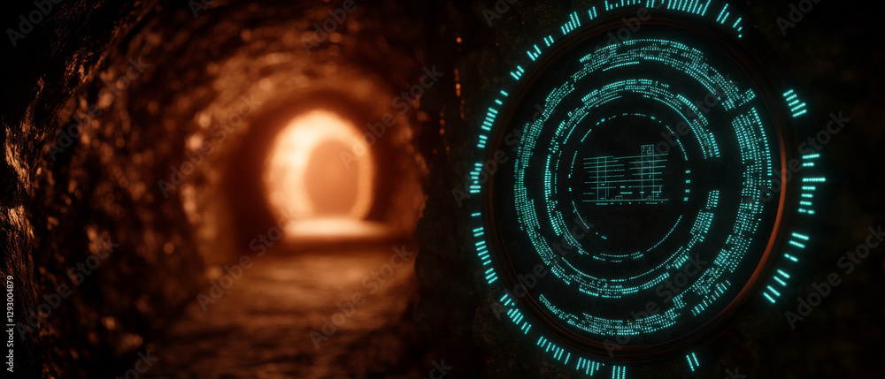 Poster sci fi scene featuring glowing interface in dark tunnel, creating mysterious atmosphere