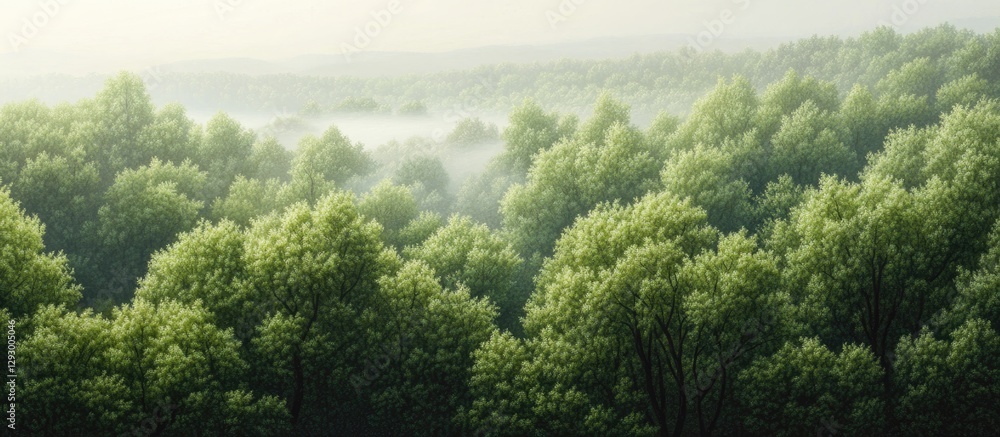 Leinwandbilder lush green forest with vibrant trees under soft misty light, creating a tranquil and serene atmosphe