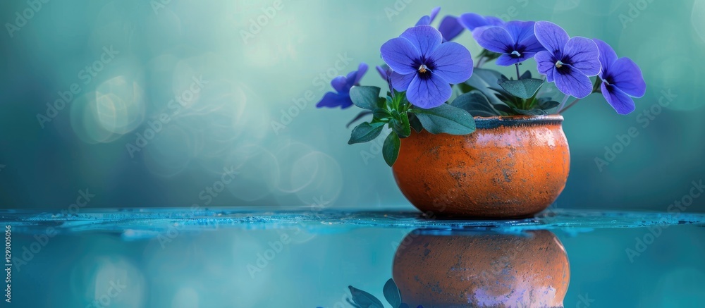 Poster vibrant purple lobelia flowers in a terracotta pot reflecting on a turquoise surface with a soft blu
