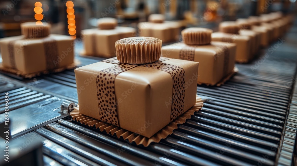 Poster brown gift boxes on a conveyor belt in a busy factory setting with blurred background activity
