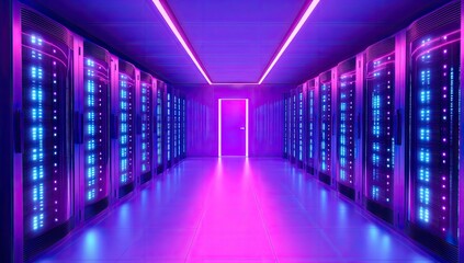 Fototapeta premium Neon Server Room Corridor, futuristic