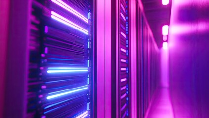 Server rack hallway lit in vibrant neon