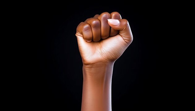 Black fist raised, dark background