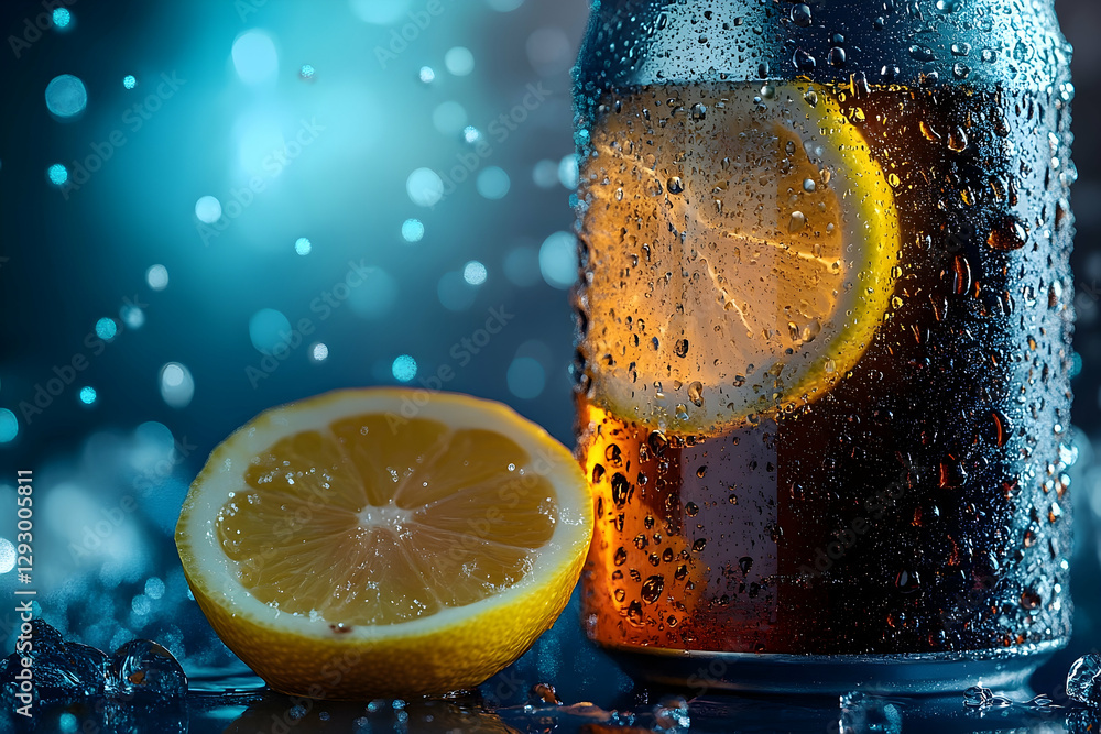 Aufkleber refreshing cola can with lemon slice and ice cubes, perfect for summer thirst quenching