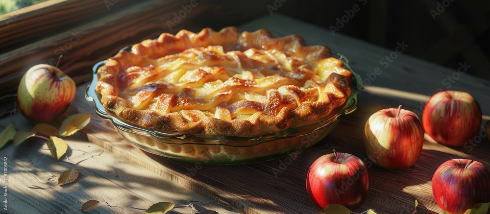 Poster delicious apple pie in glass dish on wooden table with red apples and autumn leaves illuminated by s