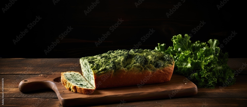 Aufkleber kale shokupan loaf placed on a wooden board with fresh greens on a dark background showcasing a rust