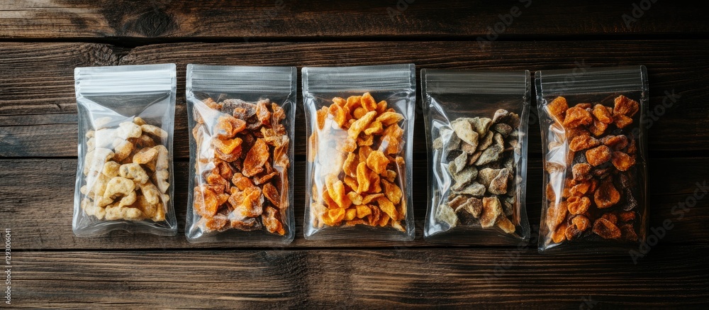 Poster colorful assortment of dried snacks in clear bags positioned in a row on a rustic wooden surface sho