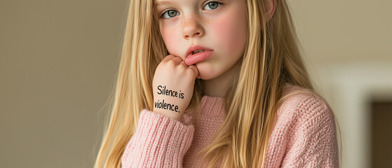 A young teen girl with long golden-blonde hair, shielding her lips with her hand as if suppressing words she longs to speak