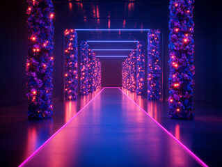 vibrant corridor adorned with colorful floral pillars and neon lights creates stunning visual experience