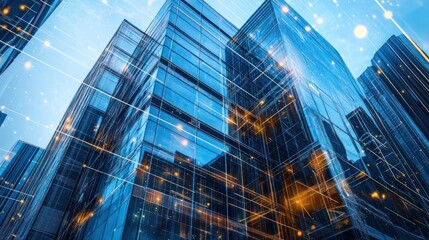Cityscape Modern glass skyscrapers, network connections, daytime
