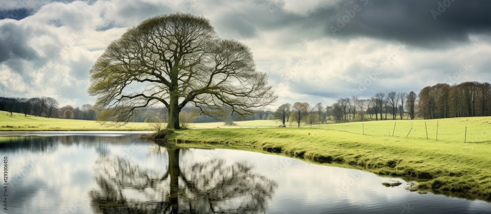 Poster tranquil landscape reflecting a large bare tree on a mirror-smooth river with vibrant green grass un