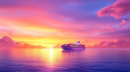 Naklejka premium A tranquil sunset over calm waters, featuring a ship silhouetted against vibrant pink and orange hues, creating a serene and picturesque scene.cargo management warehouse scheduling