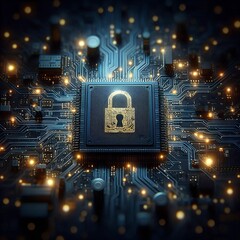 Cybersecurity Microchip with Digital Lock Symbol on Circuit Board