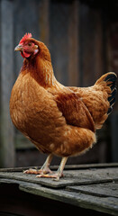Brown hen standing on wooden surface in rustic barnyard farm animal poultry concept organic free range chicken farming