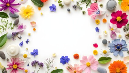 Colorful flower arrangement frame on white background