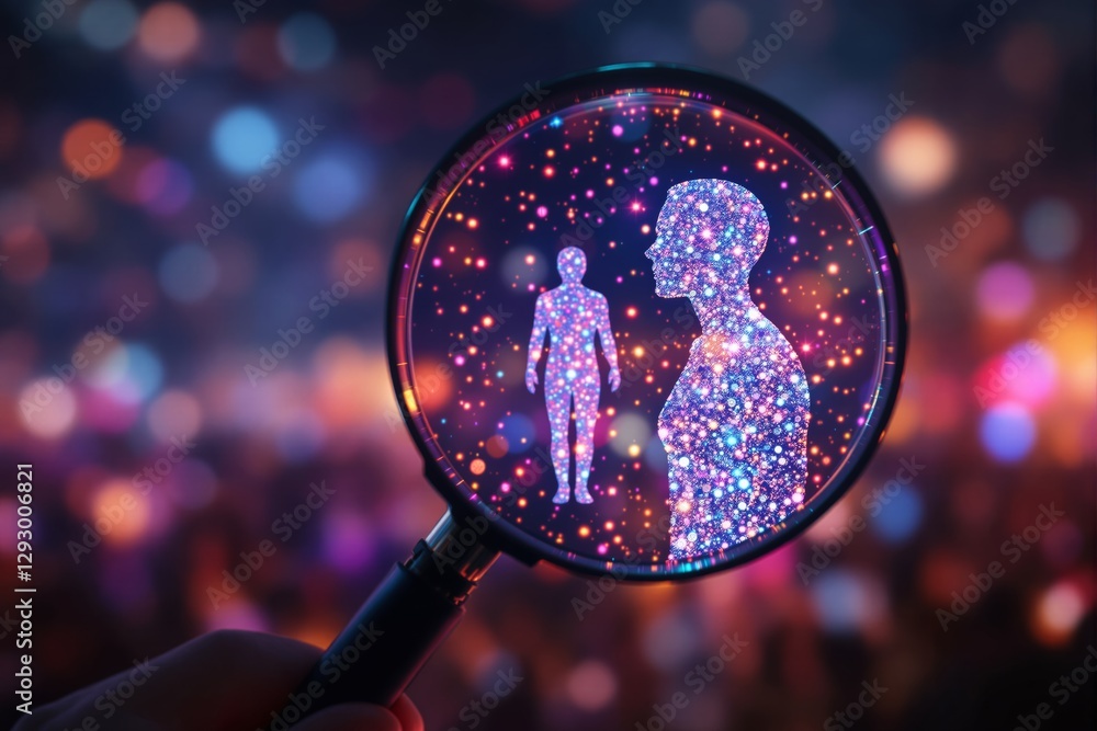 Poster Abstract magnifying glass focusing on human figures made of light particles in a colorful blurred background.