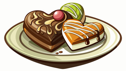 Two heart shaped brownies with vanilla ice cream and chocolate sauce on white plate