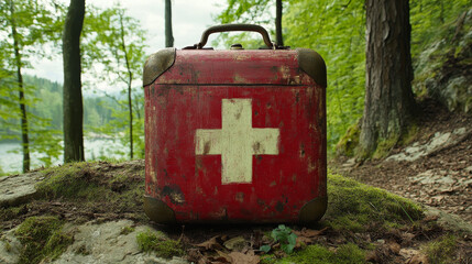 Fototapeta premium vintage red first aid kit rests on mossy rock in lush forest