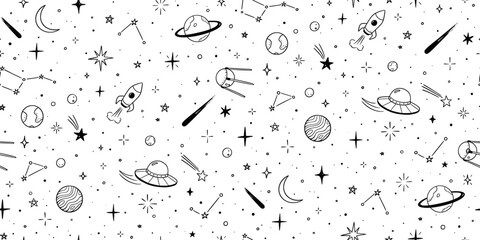 Space star galaxy vector seamless pattern. Hand drawn doodle sketch line style galaxy planet star, rocket, moon cute sky background. Space planet kid doodle universe pattern. Vector illustration © Polina Tomtosova