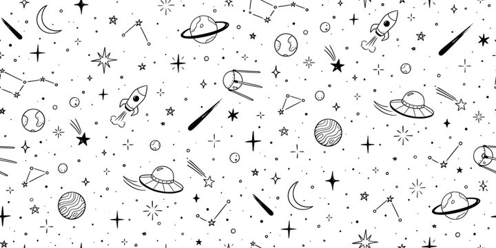 Space star galaxy vector seamless pattern. Hand drawn doodle sketch line style galaxy planet star, rocket, moon cute sky background. Space planet kid doodle universe pattern. Vector illustration