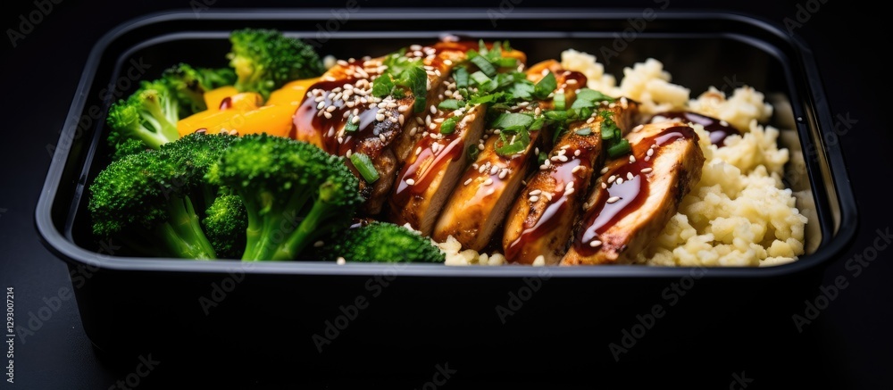 Poster Grilled chicken slices atop cauliflower rice with broccoli and soy sauce served in black lunchbox resting on a black table featuring selective focus.
