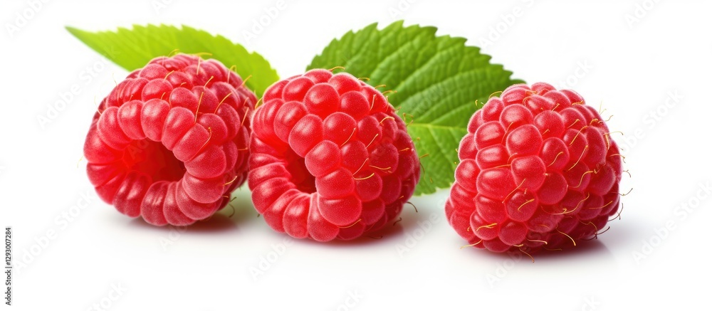 Poster fresh raspberries clustered in vibrant red hues on a pristine white background, accompanied by green