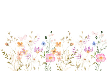 Watercolor flowers background for design. Floral border frame card template.