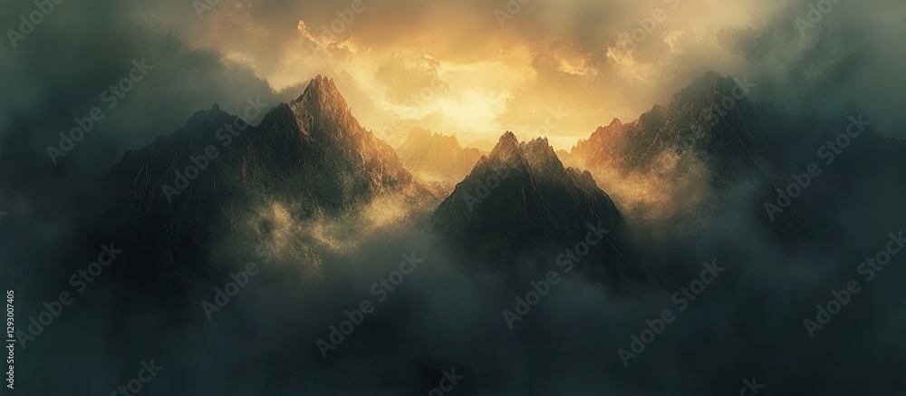Poster dramatic mountain silhouettes emerging from dense fog with warm light illuminating peaks in the back