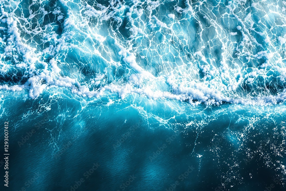Aufkleber Abstract view of ocean waves with light reflections creating intricate patterns on a vibrant blue background.