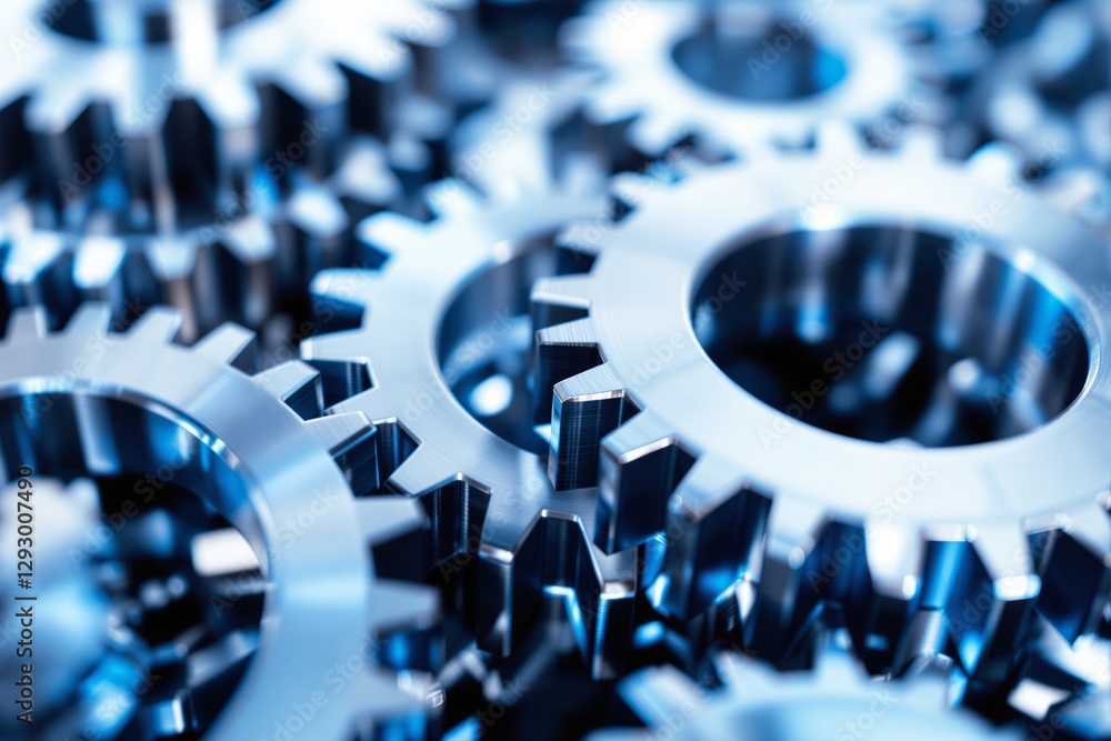 Poster close-up of metallic gears in motion.