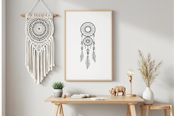 Bohemian-style interior with a wooden desk, dreamcatcher artwork, and macrame wall hanging.