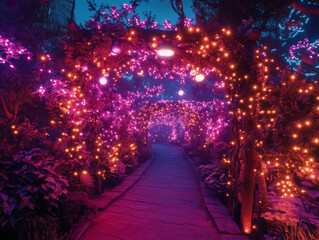 magical forest path adorned with glowing pink lights and vibrant foliage, creating enchanting atmosphere