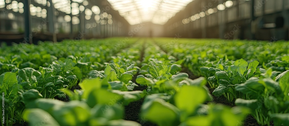 Poster vibrant green lettuce plants arranged in neat rows inside a sunlit greenhouse with soft light filter