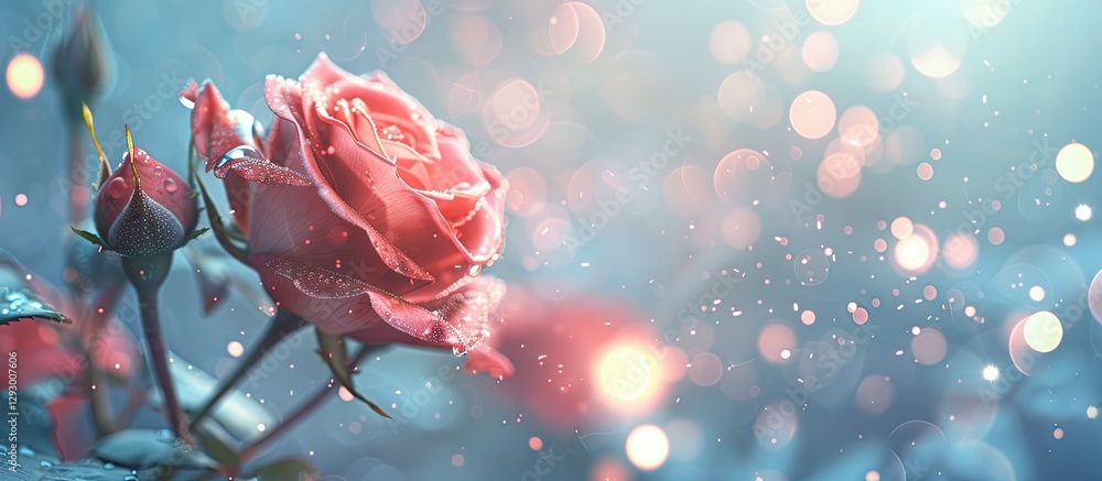 Poster delicate pink rose in soft focus against a dreamy blue background with bokeh highlights perfect for 