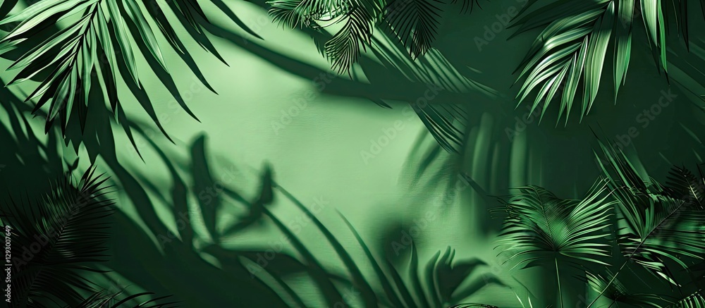 Fototapete Vibrant green tropical leaves overlap creating a lush textured background with soft shadows highlighting the intricate patterns in a serene environment.