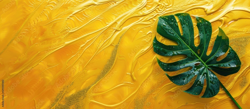 Poster vibrant yellow background with fluid texture and a prominent green monstera leaf positioned in the b