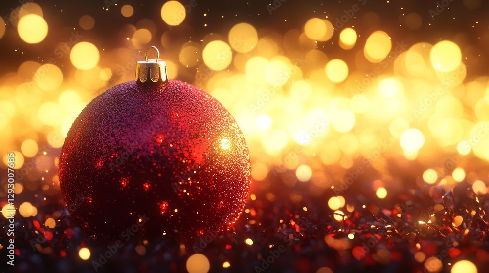Aufkleber a red glitter christmas ornament on a sparkling surface with golden bokeh lighting in the background