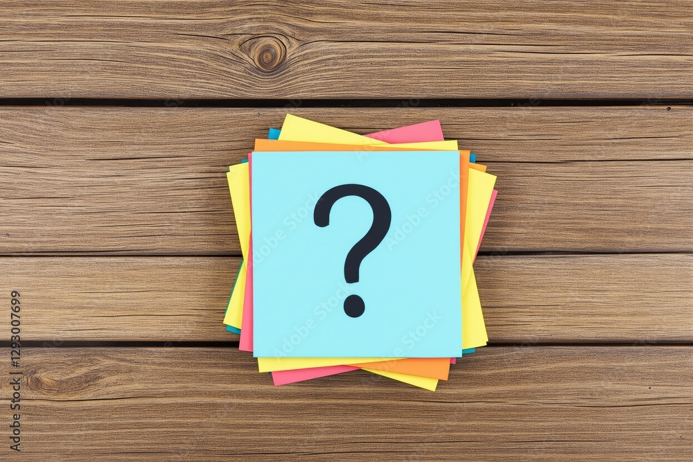 Poster colorful sticky notes with a question mark on a wooden background.