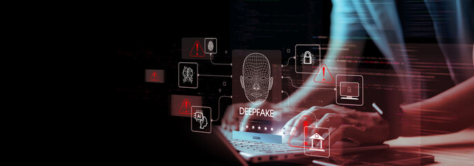 Deepfake concept ,Facial tracking, detection and recognition technology, Security system. Cyber...