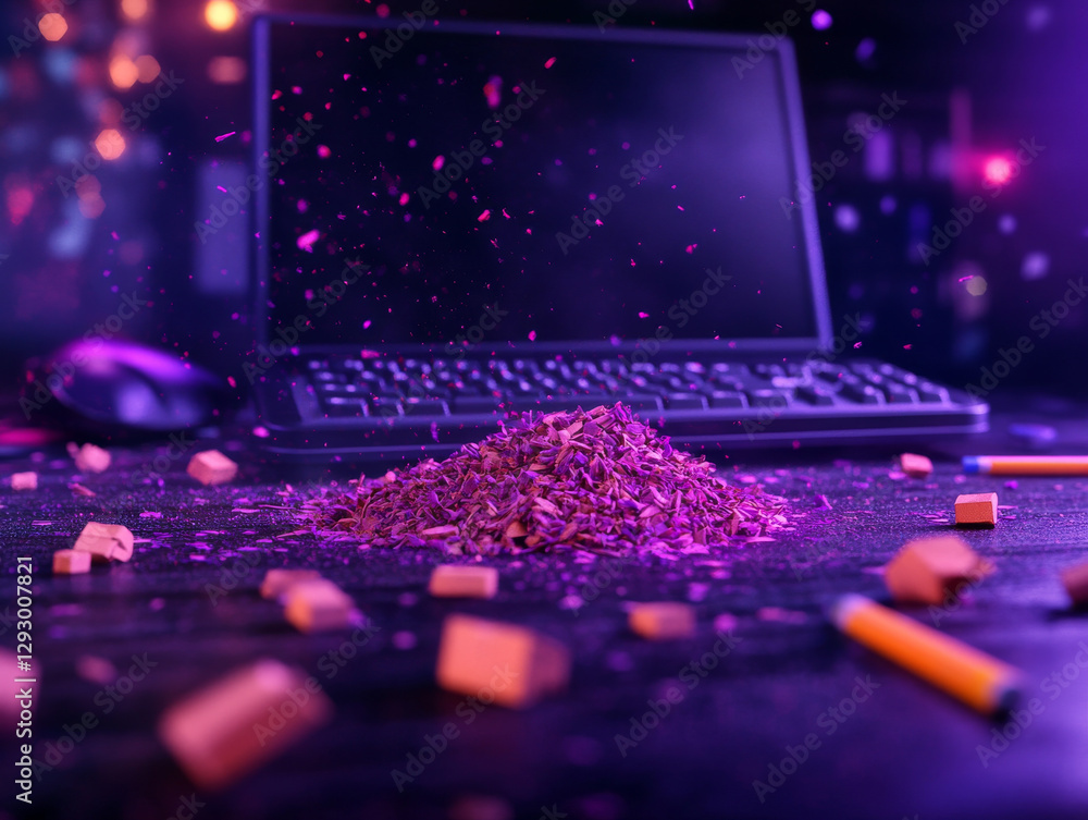 Poster vibrant scene featuring pile of purple shavings on desk, with keyboard and scattered objects, creati