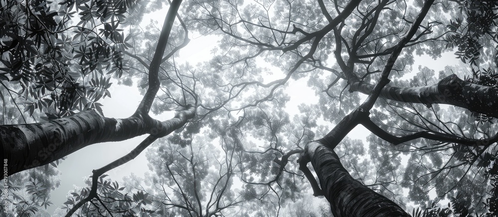 Poster Majestic black and white view of towering trees with intricate branches reaching upwards against a bright sky, creating a serene atmosphere.