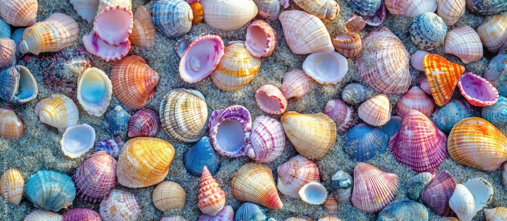 Aufkleber seashells in various colors scattered on a soft blue and pink background, symbolizing summer travel 