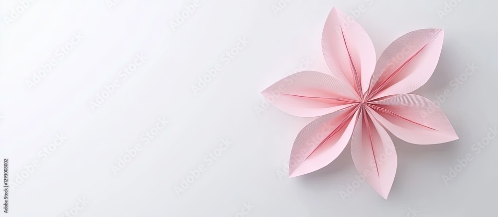 Poster delicate pink origami flower with layered petals positioned on a clean white background exuding eleg