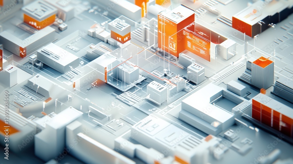 Poster aerial view of a futuristic cityscape with intricate buildings and digital overlays representing dat