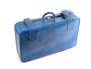 Retro leather suitcase in color blue on white background
