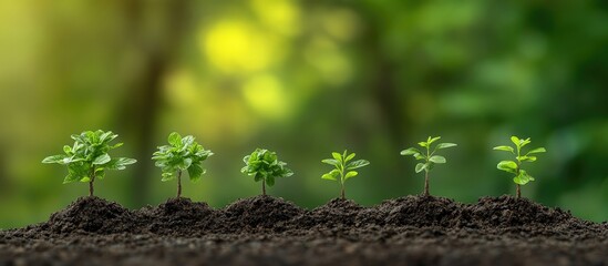Growth and investment concept featuring a series of green plants in soil, arranged left to right, set against a blurred nature background with soft bokeh.