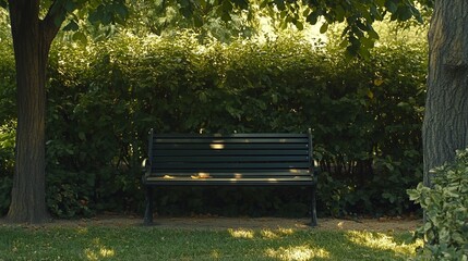 A serene park bench amidst lush greenery, embodying tranquility and nature's calm embrace.